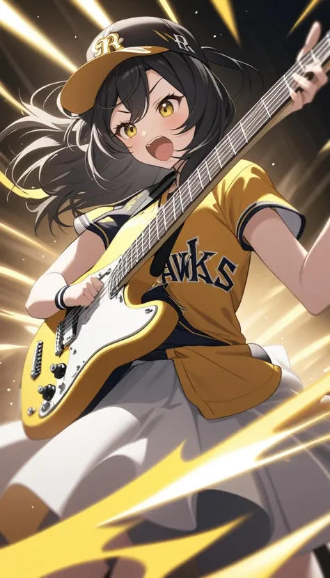 A female vocalist of a girl band, a black-haired girl playing an electric guitar、Wearing a revolution yellow Fukuoka SoftBank Hawks baseball cap、Wearing a revolution yellow Fukuoka SoftBank Hawks baseball shirt、sing　dance　Speed