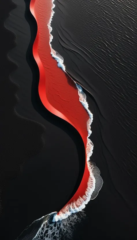 Top view，plane geometry，a beautiful detailed black sand beach,dramatic red ocean,minimalist vector landscape,clean stylized flat art,high contrast,masterpiece,best quality,8K,photorealistic,intricate details,seamless,stunning colors,dramatic lighting