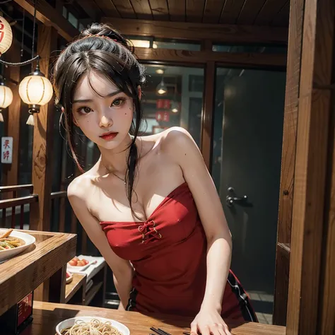 1 woman,very beautiful,Very sexy,Noodle shop made of wood ,3D,High quality,Very similar to a real person,Chinese people,8K,Wear sexy clothes,Bend your head to eat noodles,Wang Weng atmosphere,Horror Movies,fog,Dim lights,Stressed expression