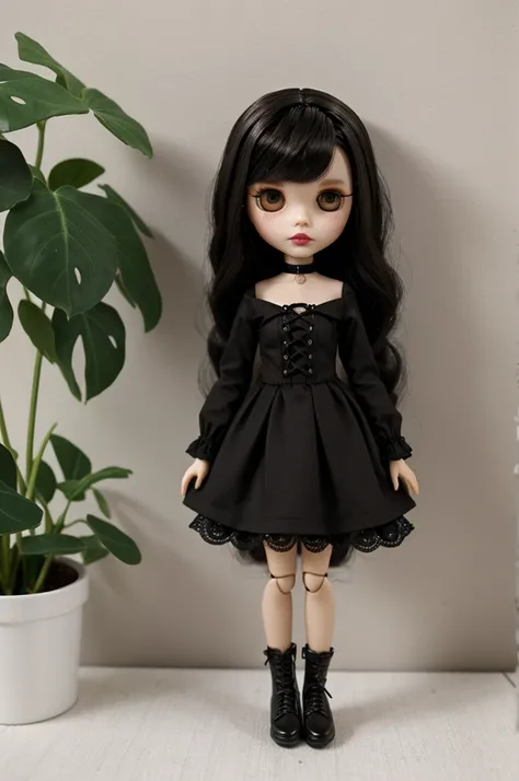 Blythe Doll, with very light brown skin,  adorable dark black eyes, For the, short, dark brown lasio, thin red lips natursk. she wears a black gothic dress, with a background where it is in front of a white wall with plants