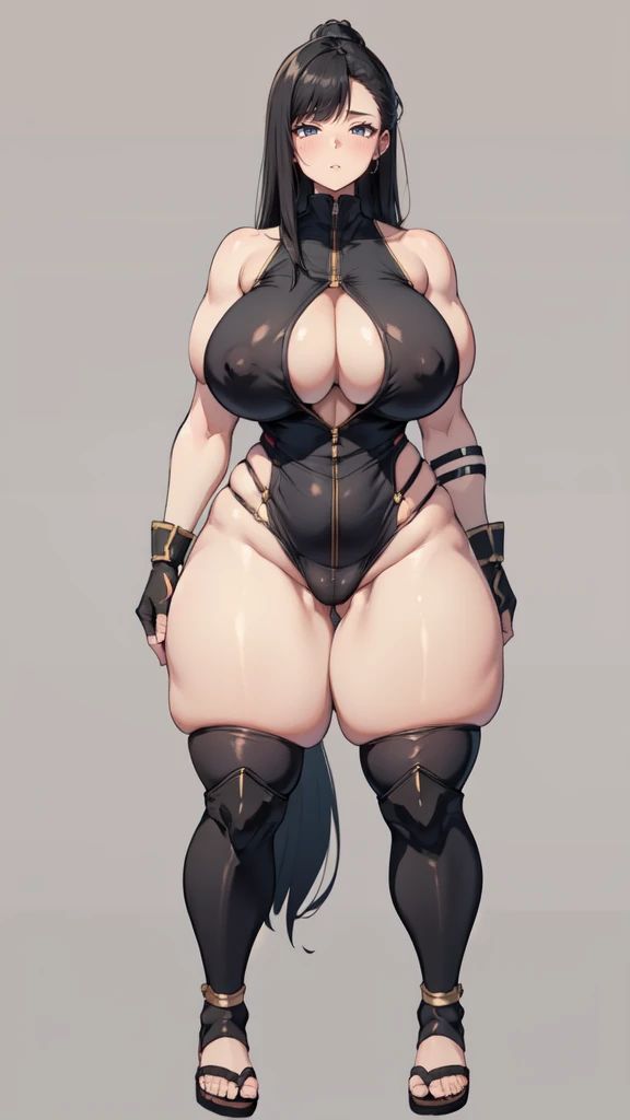 (masterpiece), best quality, female warrior, huge girl, female muscular:1.2, curvy, ((thick thighs:1.4)), (((blank background))), ((full body)), fingerless gloves, sandals, sleeveless, covered nipples, (underboobs:1.3), thin hair, crossed arms, straight ha...