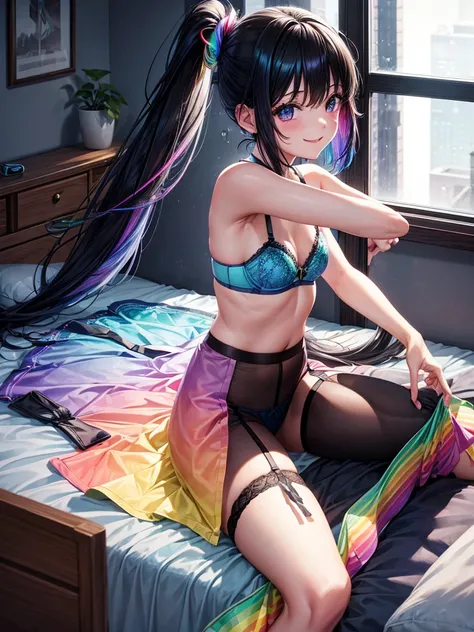 Highest quality,Highest Resolution,４K quality,Underwear looking at city night view outside large window in modern bedroom((Rainbow Gradient色))のsmileの１Profile of a woman,((Black hair ponytail)),Dark room,Rainbow Gradientセクシーランジェリー,Many water drops on the wi...