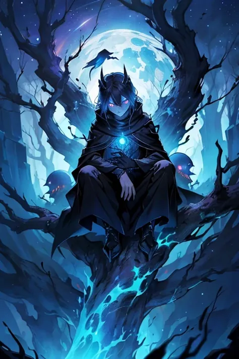 dark, ghastly crow with numerous eyes, glowing blue eyes lined with fire, liminal space, sitting on a twisted, ethereal tree, starry backdrop, cawing at the sky