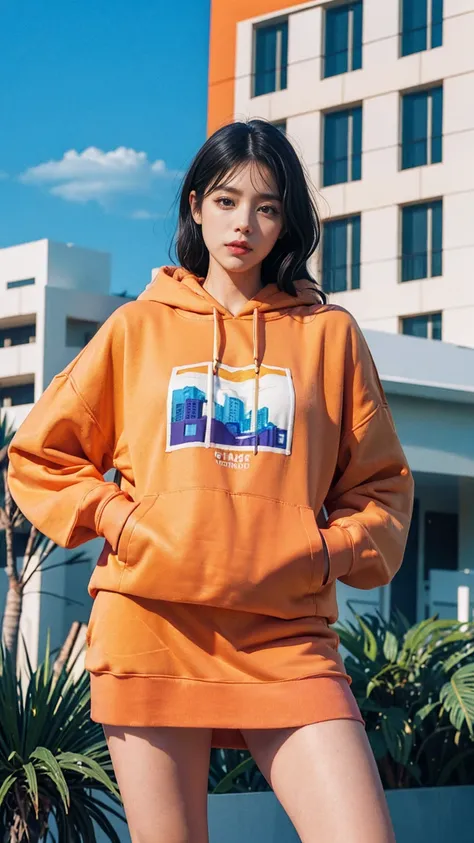 portrait of a serious 23 yo girl, plum body ,wear ((orange color oversized hoodie)), wear ((purple tennis skirt)),looking front,Best Quality,Masterpiece,Ultra High Resolution,(Realisticity:1.4),Original Photo, 1Girl, light leak,ultra high resolution,UHD,be...