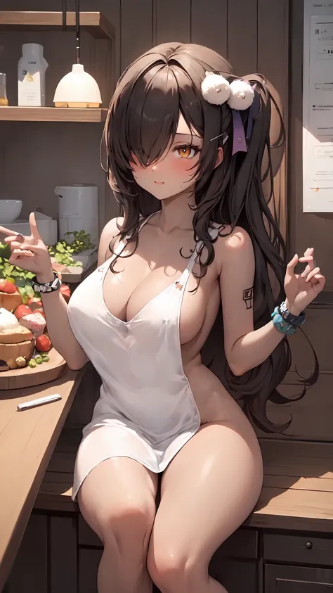 1girl, solo, hair ornament, (naked:1.3), (white apron), large breasts, cleavage, thighs, kitchen background, (blushing:1.3), naga, brown hair, ponytail, golden eyes, dark skin, gal, naga, lewd, she is wet, short hair