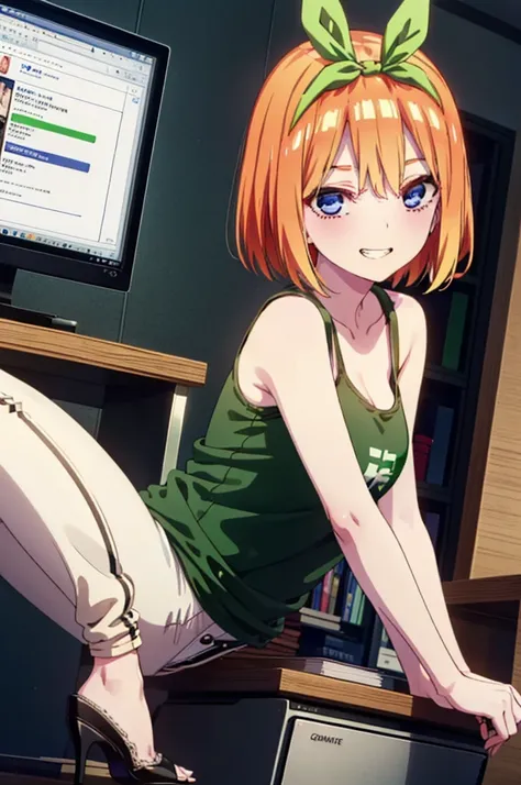 Yotsubanakano, Yotsuba Nakano, bangs, short hair, blue eyes, Hair between the eyes, hair ribbon, hair band, Orange Hair, (Green ribbon:1.5), smile, Grin,Green tank top,Skinny jeans,Stiletto heels,There is a computer on the table,interior,Walking,whole body...