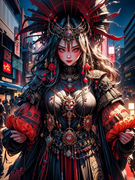 (masterpiece, cinematic photograph capturing the bustling streets of Shibuya, Japan, adorned with a procession of "oni" - traditional Japanese demons, parading through the night under the gaze of the intrigued crowd:1.3), (meticulously composed to convey t...