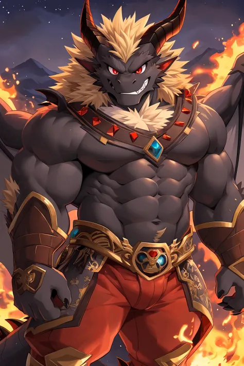 (sfw:1.5), male focus, Handsome 1boy, solitary, single，protrait photo, (Light blond thick eyebrows:1.3), (Black nails, Black Claws:1.3), (Dark gray dragon wings, Translucent wing membrane:1.5), Dark gray skin, Light blond chest hair, Light golden belly hai...