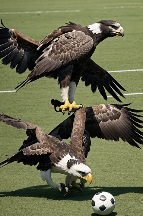 An image in proportion 9:16 of A harpy eagle killing a bald eagle on a soccer field