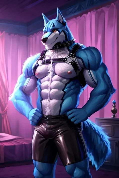 Doggie_kruger,Dog Man,male,Adults,Solitary,4K,Best quality,,Looking at the audience,blue fur,White fur,Hairy body,Upper body exposed,Bare chest,Hairy chest,Fluffy tail,Slender figure,slim body,Chest muscles,Pink nipples, Six-pack abs, Biceps, Anatomically ...