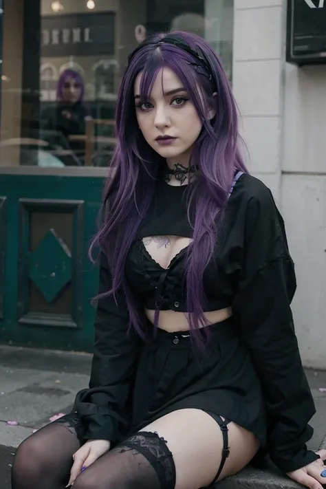 Arafed woman with green and purple hair sitting, pastel gothic, pastel goth aesthetic, pale goth beauty, 1 7 - year - old goth girl, goth girl aesthetic, goth girl, colores pastel oscuros, cabello pastel, loish |, Loish y Wlop, Desbordamiento pastel, gothi...