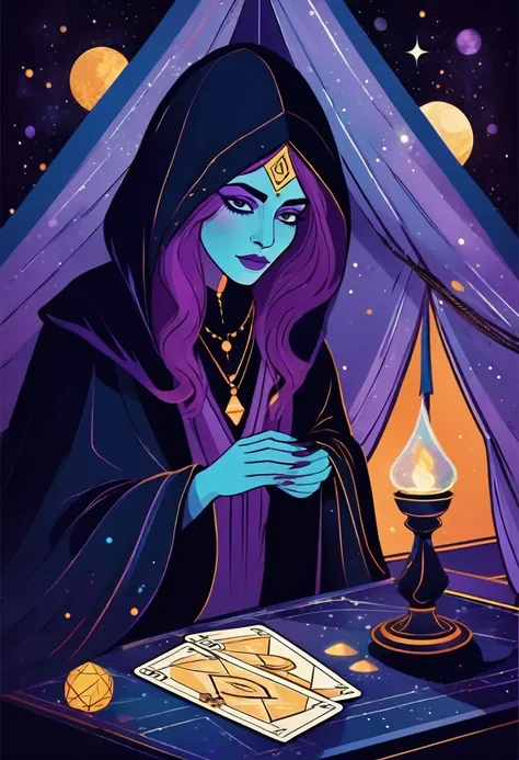 
Tarot card poster inviting fortune telling using tarot cards in a triangular tent. Beautiful young fortune teller under a black robe The face is painted in lines running from cheek to nose. colored spots above the eyebrows bohemian style Mysterious atmosp...