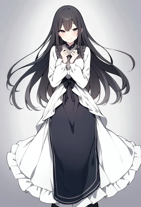 slender, mature female, rating:safe, 1girl, solo, long_hair, dress, long_sleeves, looking_at_viewer, dress, blush, black_hair, bangs, closed_mouth, hair_between_eyes, pale_color, eyebrows_visible_through_hair, hands_up, shirt, long_dress, frills, from_abov...