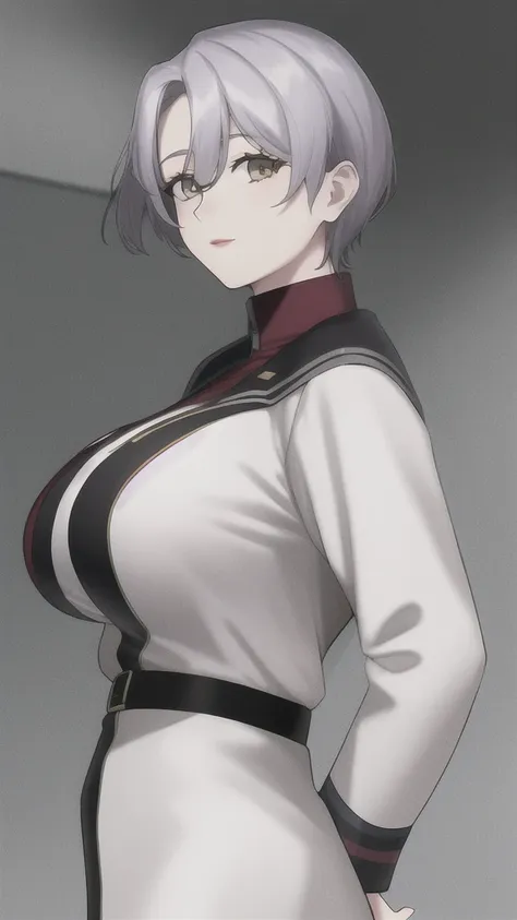 sallysaintford, huge_breasts, standing, solo, naval_uniform_white_jacket_white_pencil_skirt_miniskirt_belt_long_sleeves_turtlene...