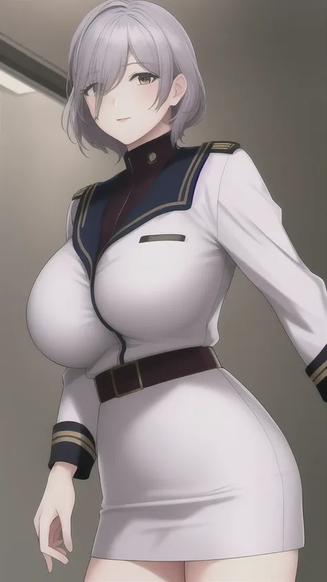 sallysaintford, huge_breasts, standing, solo, naval_uniform_white_jacket_white_pencil_skirt_miniskirt_belt_long_sleeves_turtlene...