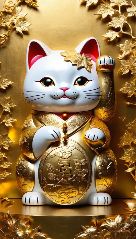 printing (Gold Leaf), Japanese decoration, Vintage decoration, gold leaf wall decoration : Maneki-neko Gold Leaf, the light shimmers on the Gold Leaf cut, Colors are bright and vivid, 全体的な画質は最high qualityです, with every detail of Gold Leaf captured with ult...