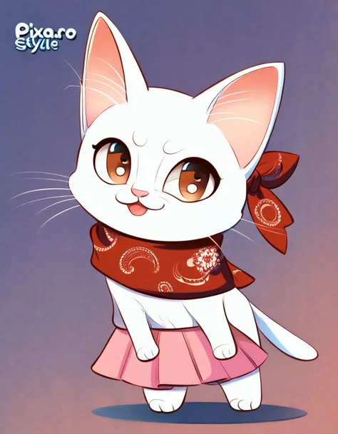 (Disney Pixar style: 1.5) (2:1.5) Create an image of a white kitten with brown eyes and a red bandana, pink skirt, on a blue background