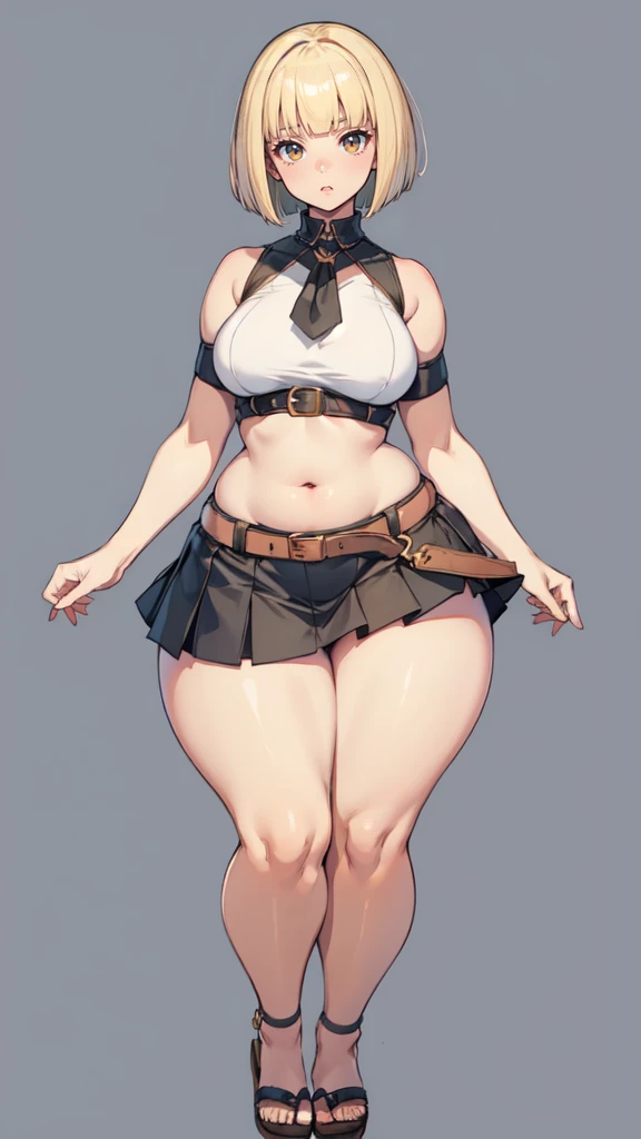 blank background, (((full body))), (masterpiece), ((best quality)), (very short girl), flat chest, blunt bangs, bobcut, (wide hips:1.4), (thick thighs:1.5), (very short skirt), sandals, belt below navel, fanny packs, blonde