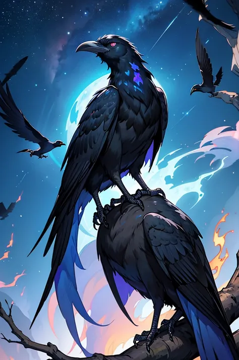 dark, ghastly bird with numerous eyes, glowing blue eyes lined with fire, crow, black feathers, liminal space, sitting on a twisted, ethereal tree, starry backdrop, cawing at the sky