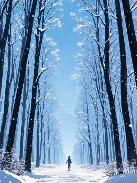 a close up of a person walking on a snowy path in the woods, concept art by sylvain sarrailh, Artstation, conceptual art, snowy. by makoto shinkai, ross tran. scenic background, beautiful anime scene, winter concept art, beautiful anime scenery, beautiful ...