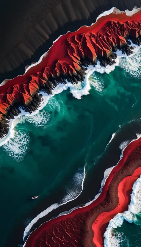 Top view，a beautiful detailed black sand beach,dramatic red ocean,minimalist vector landscape,clean stylized flat art,high contrast,masterpiece,best quality,8K,photorealistic,intricate details,seamless,stunning colors,dramatic lighting