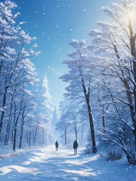 a close up of a person walking on a snowy path in the woods, concept art by sylvain sarrailh, Artstation, conceptual art, snowy. by makoto shinkai, ross tran. scenic background, beautiful anime scene, winter concept art, beautiful anime scenery, beautiful ...