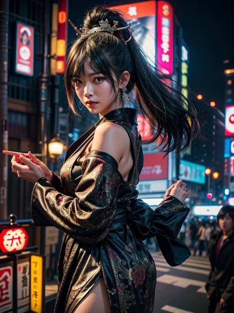 (masterpiece, cinematic photograph capturing the bustling streets of Shibuya, Japan, adorned with a procession of "oni" - traditional Japanese demons, parading through the night under the gaze of the intrigued crowd:1.3), (meticulously composed to convey t...