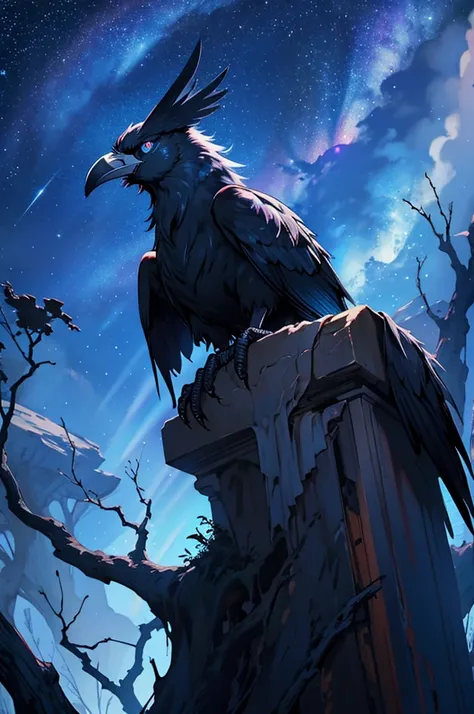 dark, ghastly bird with countless eyes, glowing blue eyes lined with fire, crow, black feathers, liminal space, sitting on a twisted, ethereal tree, starry backdrop, cawing at the sky