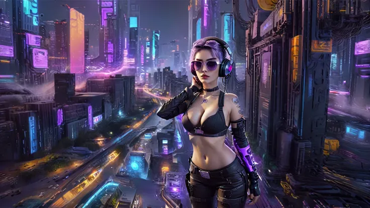 masterpiece, best quality, high resolution, 8k, (Portrait Photos:1.5), (R Original Photo), real picture, Digital Photography, (A fusion of cyberpunk and fantasy), 20 year old girl, solo, (((black sunglasses, headphone))), Feel free to hairstyle, Purple Eye...