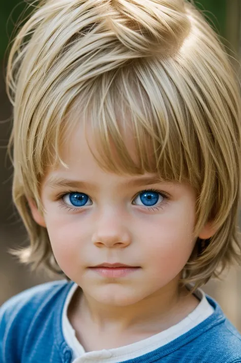 A young boy with medium length blond hair, with blue eyes