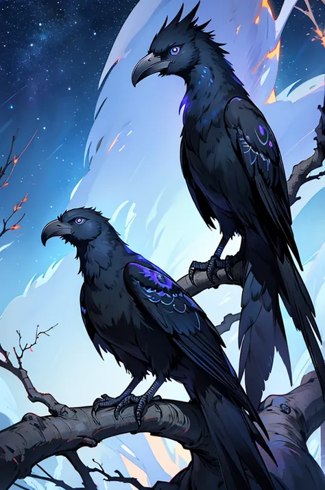 dark, ghastly bird with numerous eyes, glowing blue eyes lined with fire, crow, black feathers, liminal space, sitting on a twisted, ethereal tree, starry backdrop, cawing at the sky