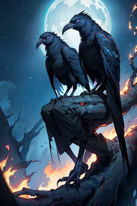 dark, ghastly bird with numerous eyes, glowing blue eyes lined with fire, crow, black feathers, liminal space, sitting on a twisted, ethereal tree, starry backdrop, cawing at the sky