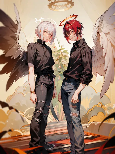 1male, Adult, Two Tone Hair, Crimson and White Hair, Short Hair, Undercut Hair, Red Angel Halo, Black Angel Wings, Golden Eyes, Smirk, Black Flannel Shirt, Black Ripped Jeans, Standing On Path