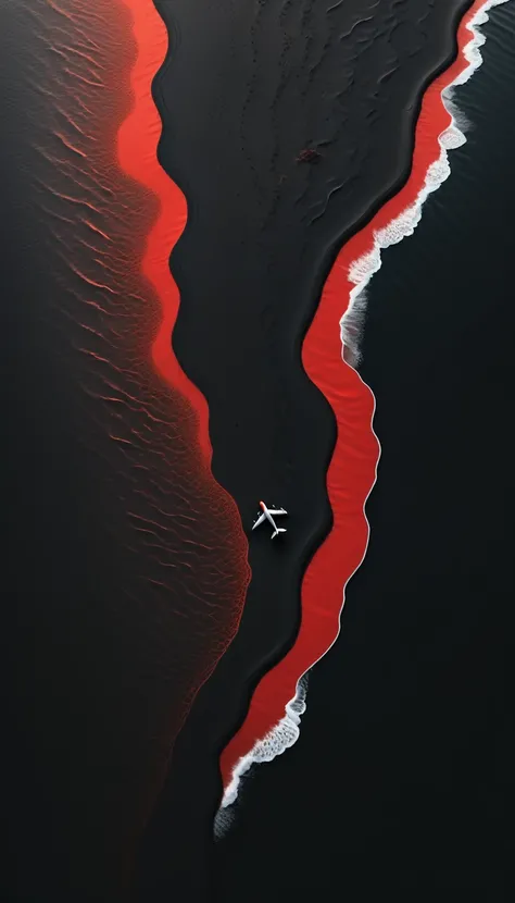 Top view，plane geometry，a beautiful detailed black sand beach,dramatic red ocean,minimalist vector landscape,clean stylized flat art,high contrast,masterpiece,best quality,8K,photorealistic,intricate details,seamless,stunning colors,dramatic lighting，A lon...