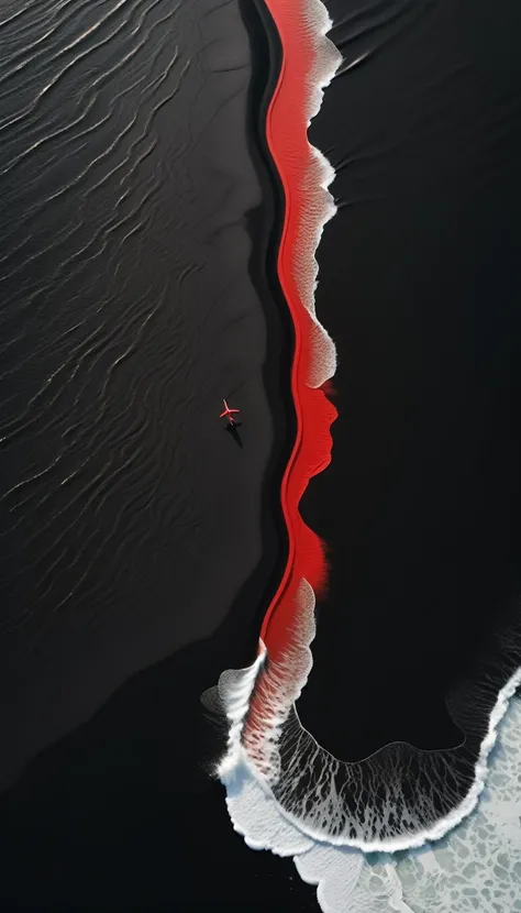 Top view，plane geometry，a beautiful detailed black sand beach,dramatic red ocean,minimalist vector landscape,clean stylized flat art,high contrast,masterpiece,best quality,8K,photorealistic,intricate details,seamless,stunning colors,dramatic lighting，A lon...