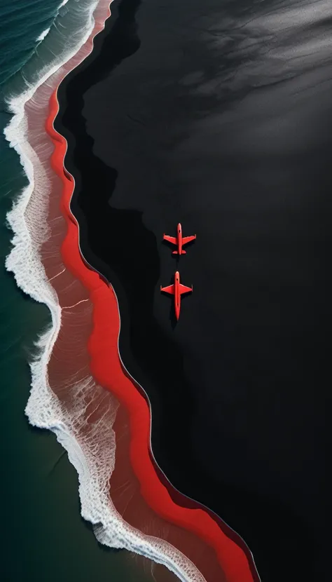 Top view，plane geometry，a beautiful detailed black sand beach,dramatic red ocean,minimalist vector landscape,clean stylized flat art,high contrast,masterpiece,best quality,8K,photorealistic,intricate details,seamless,stunning colors,dramatic lighting，A lon...