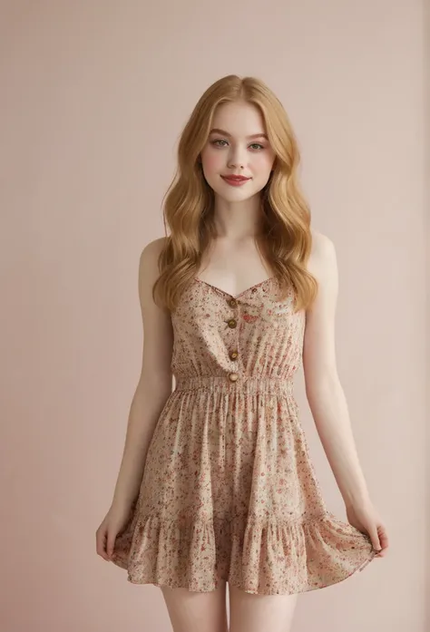 A small young woman with a pear-shaped body, ((narrow shoulders)), small breasts, ((narrow waist)), ((wide hips, and full, rounded thighs)). She has smooth, pale skin, long wavy strawberry blonde hair, large almond-shaped hazel eyes with thick dark lashes,...