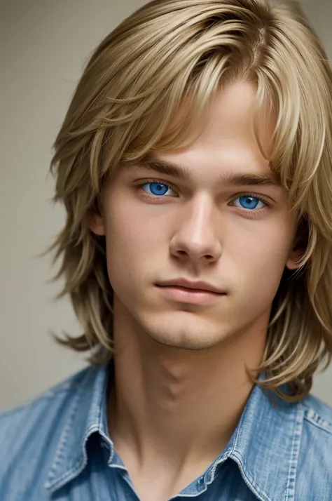 An 18 year old boy with medium length blond hair, with blue eyes and fair skin