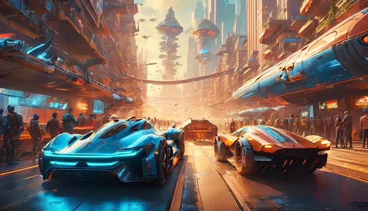 High-tech urban city center, starting line of a futuristic race, four racers with unique vehicles (supercar, maglev train, hovercar, and small spaceship), intense atmosphere, excited crowd, detailed and dynamic scene, vibrant colors, cyberpunk aesthetic.