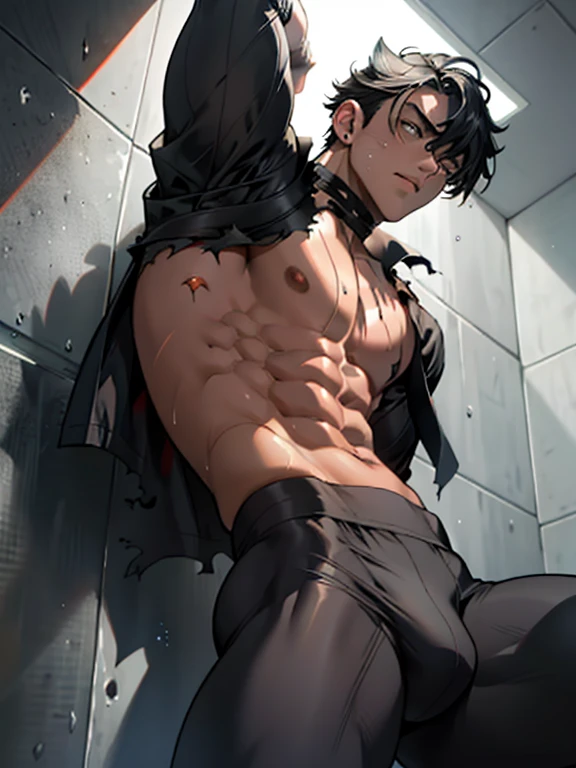 ((Fine details)), Best Shadow,Cinema Lighting,Highest quality,((Very detailed))　masterpiece　Embarrassing　Grey Eyes　Torn Shirt　Torn tights　get wet　Big eyes　The suit was torn　Upper body naked　sweating　Delicate body　Pitch black tights　Damaged　High saturation　...