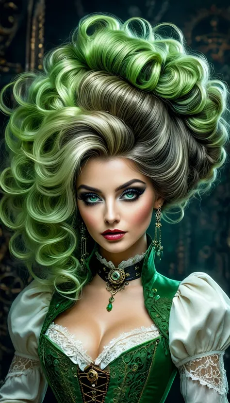 Un portrait hyperréaliste d’une sublime femme royale heureuse et rayonnante aux cheveux_vert sombre foncé trèslong, cheveux verts, portant une robe en dentelle blanche avec des accessoires steampunk, situé dans une pièce de style victorien avec des élément...