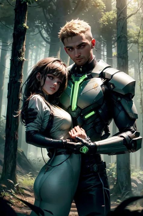 princess carry, blush, 1boy, 1girl, smirk, bangs, breasts, shirt, long sleeves, pants, looking at another, Futuristic robotic tenderly cradling a young naked woman out of a mysterious forest, the android is shown with intricate metallic details and robotic...