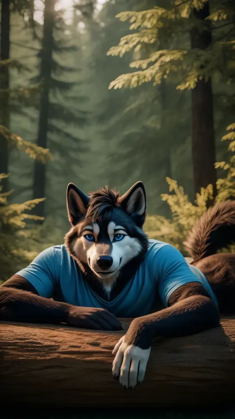 Sexy Posing, male, 30 years old, cute, eyeliner, short black hair, biting lip smile, blue shirt, bedroom eyes, anthro, dog ears, (black fur:1.5),husky dog, forest background, 8k, hi res, (best quality, masterpiece), blue eyes, lying on log, husky tail