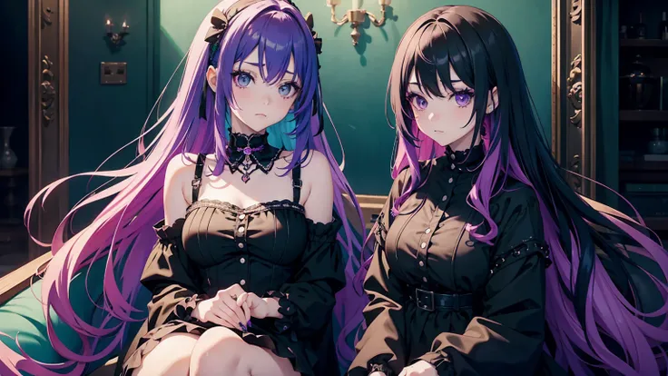 Arafed anime girl with green and purple hair sitting, pastel gothic, pastel goth aesthetic, pale goth beauty, 1 7 - year - old goth girl, goth girl aesthetic, goth girl, colores pastel oscuros, cabello pastel, loish |, Loish y Wlop, Desbordamiento pastel, ...