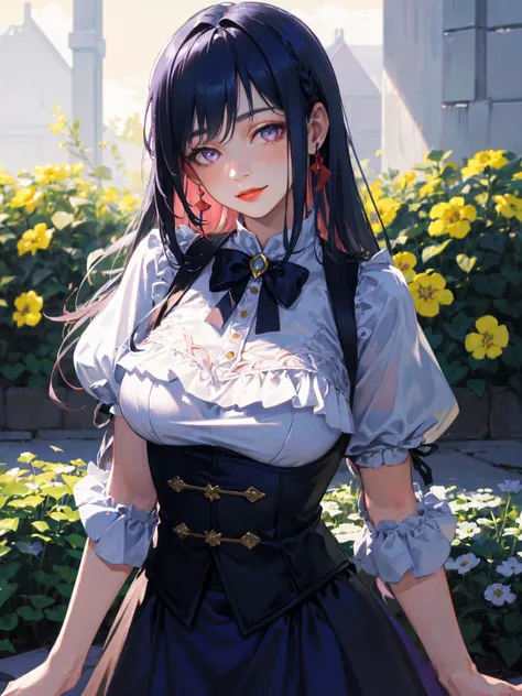 (absurdres, highres, ultra detailed), masterpiece, hinata(boruto), ((solo)), 1girl,large breasts, long purple victorian style dress, closed mouth, (((long hair))),standing, the bodice and the skirt pattern, frill skirt, lace, blink blink effect, (((detaile...