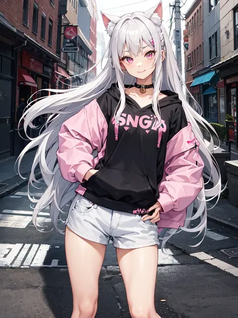 1 Girl,cat ear,Beautiful silver hair,Pink inside,Beautiful pink eyes hoodie,off shoulder:1.2, street,hand on hip, hand in pocket,smile