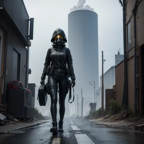 she is walking in middle of a street dressed in black and wearing a gas mask, abandon city with only one power nuclear plant in ...