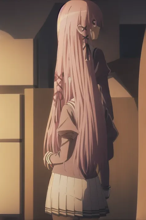 Kisara, A girl with long pink hair. In the kitchen, facing the viewer, with his hands behind his back, leaning forward, looking at the viewer with a charming and shy look.