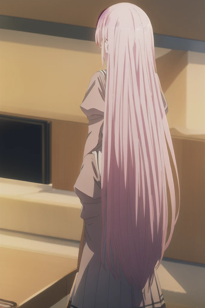 Kisara, A girl with long pink hair. In the kitchen, facing the viewer, with his hands behind his back, leaning forward, looking at the viewer with a charming and shy look.