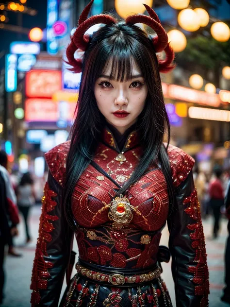 (masterpiece, cinematic photograph capturing the bustling streets of Shibuya, Japan, adorned with a procession of "oni" - traditional Japanese demons, parading through the night under the gaze of the intrigued crowd:1.3), (meticulously composed to convey t...